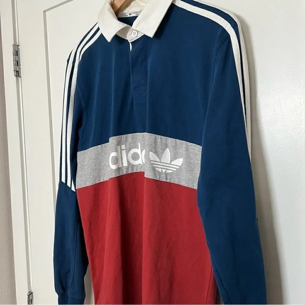 Adidas Polo Shirt Mens Size M 3-Stripes Long Sleeve Rugby Blue Red Gray